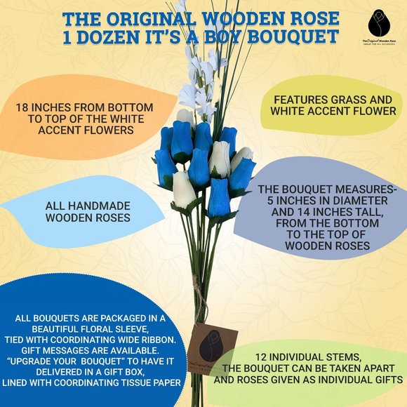 1 Dozen It's A Boy Light Blue and White The Original Wooden Rose Flower Bouquet - Picture 3 of 9